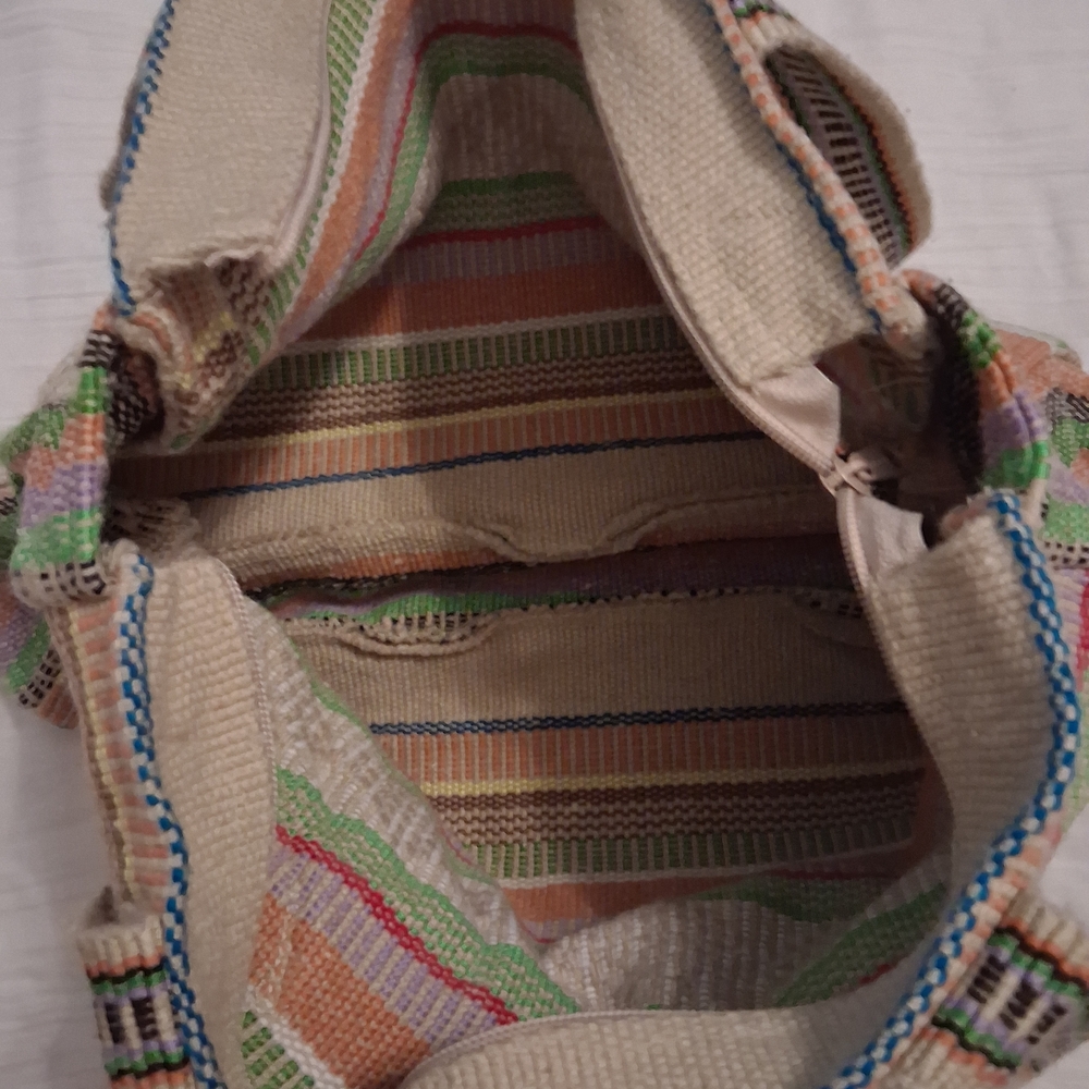 Woven Stripe Tote Bag in Beige with Green, Purple & Orange Accents - Picture 4 of 7